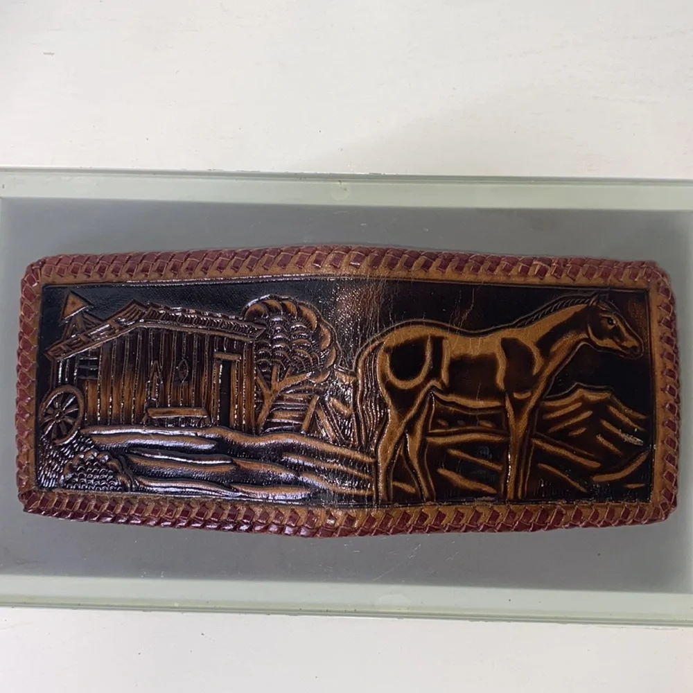 Vintage Tooled Leather Horse & Barn Country Western Wallet Billfold